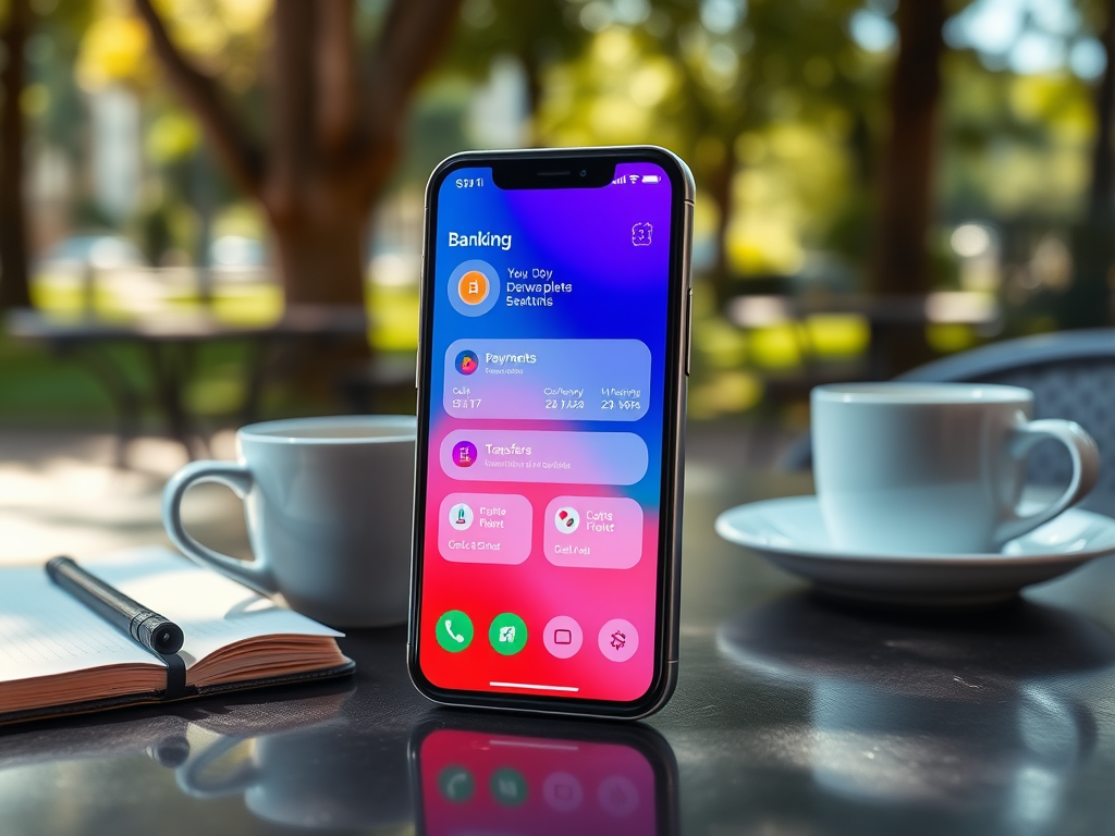 На переднем плане телефон с интерфейсом банковского приложения, рядом стоит чашка и блокнот.
